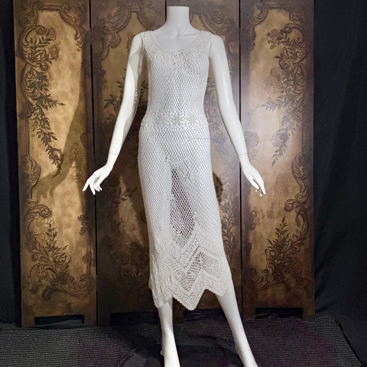 Vintage 1990s Crochet Slip Dress, White Stretchy Knit Tank Cover Up Midi Gown