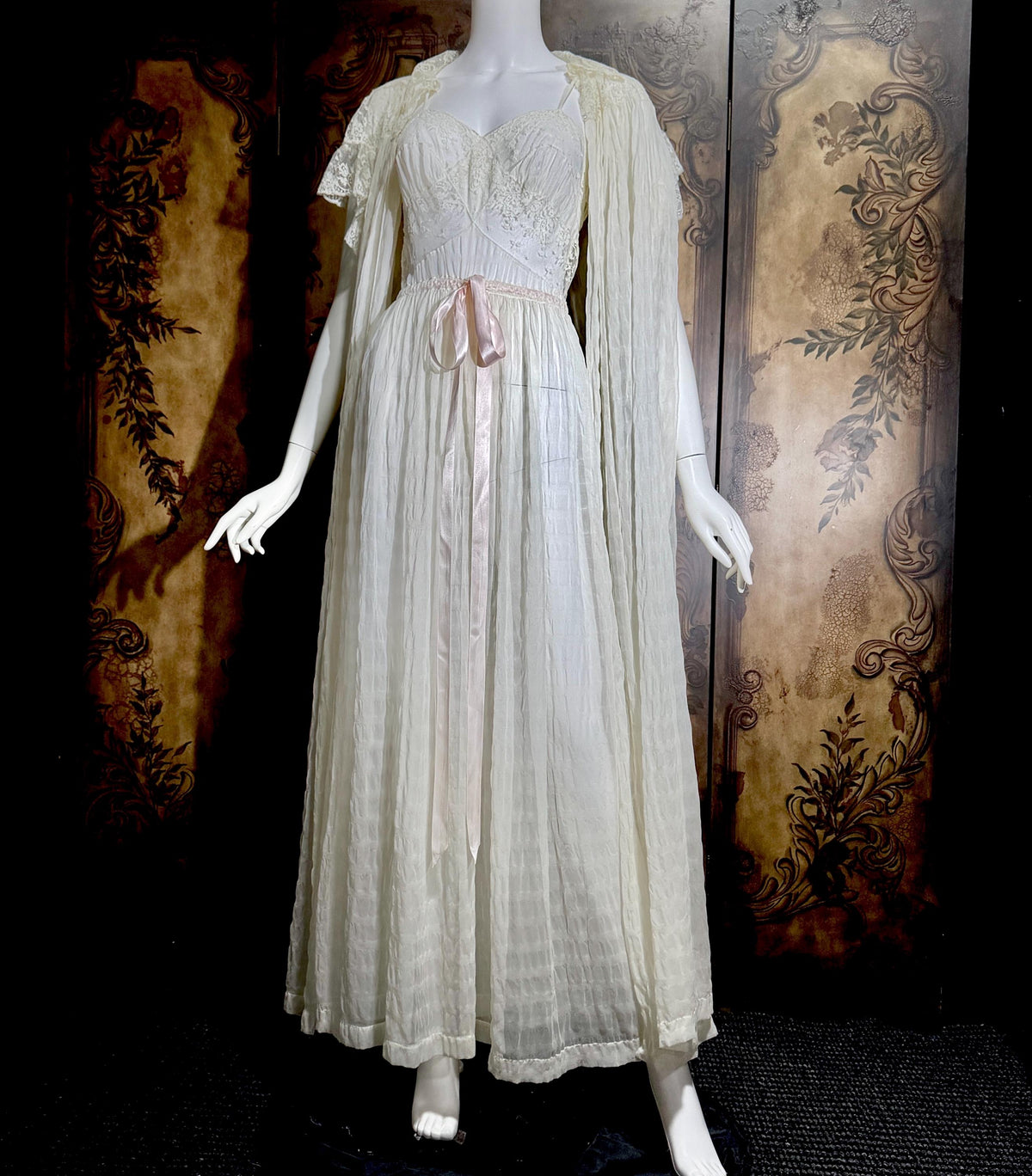 vintage JULIE INC Nightgown robe set, by IRIS ethereal white sheer waffled nylon slip dress dressing gown peignoir set