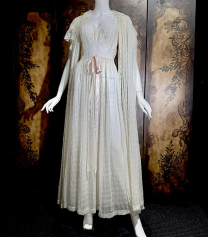 vintage JULIE INC Nightgown robe set, by IRIS ethereal white sheer waffled nylon slip dress dressing gown peignoir set