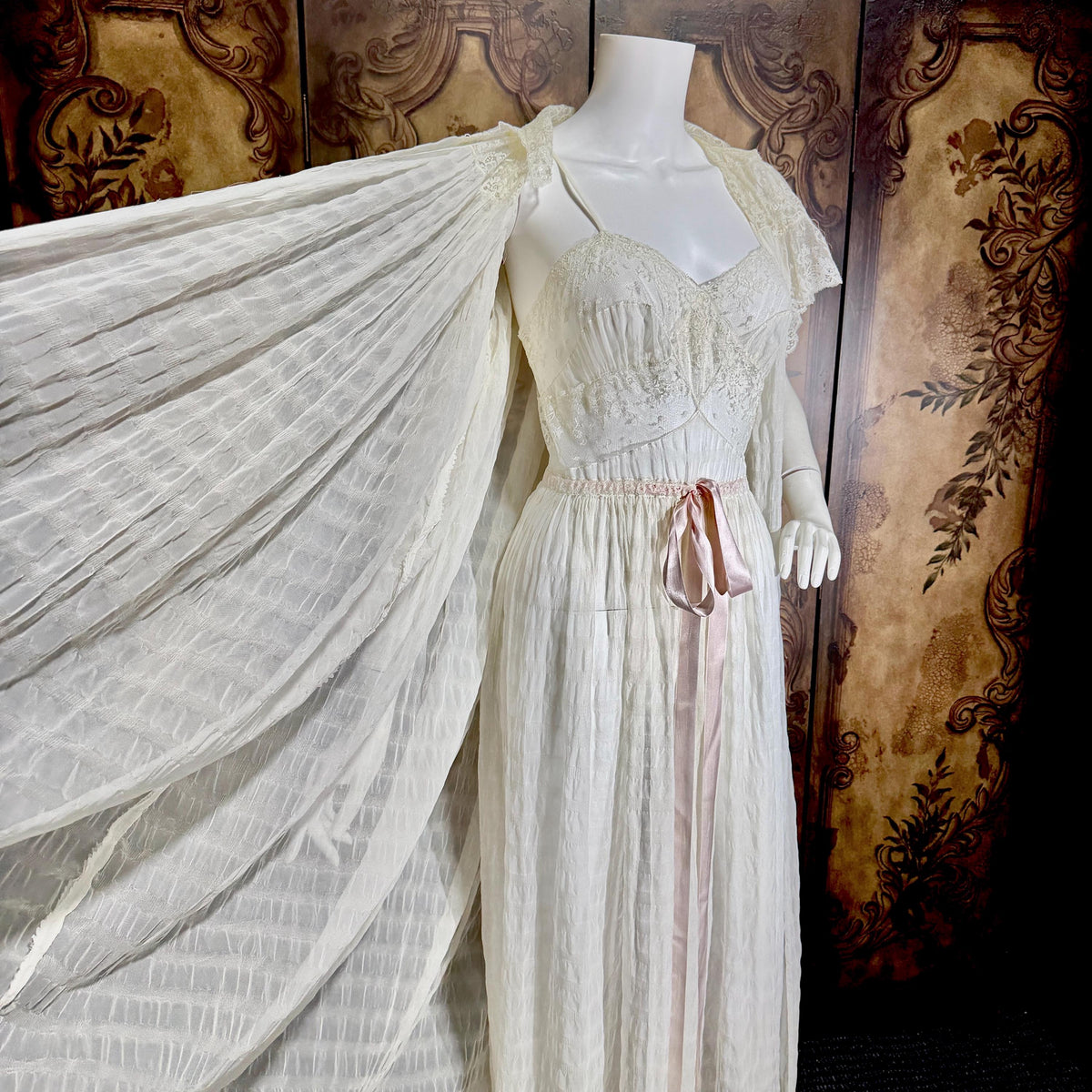 vintage JULIE INC Nightgown robe set, by IRIS ethereal white sheer waffled nylon slip dress dressing gown peignoir set