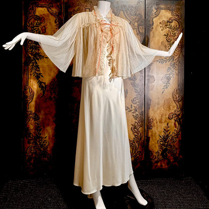 Vintage ZANDRA RHODES Peignoir Set, 1970s Peach Signature Pleat nightgown robe lingerie dress set