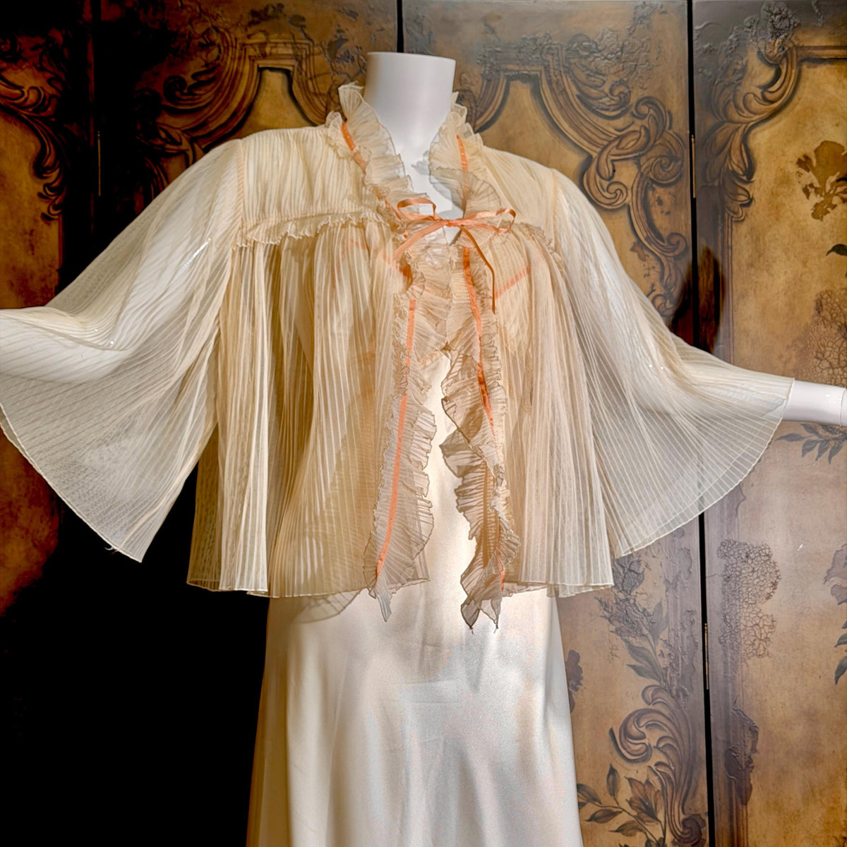 Vintage ZANDRA RHODES Peignoir Set, 1970s Peach Signature Pleat nightgown robe lingerie dress set