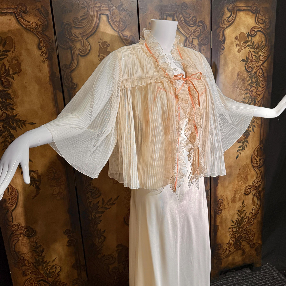 Vintage ZANDRA RHODES Peignoir Set, 1970s Peach Signature Pleat nightgown robe lingerie dress set