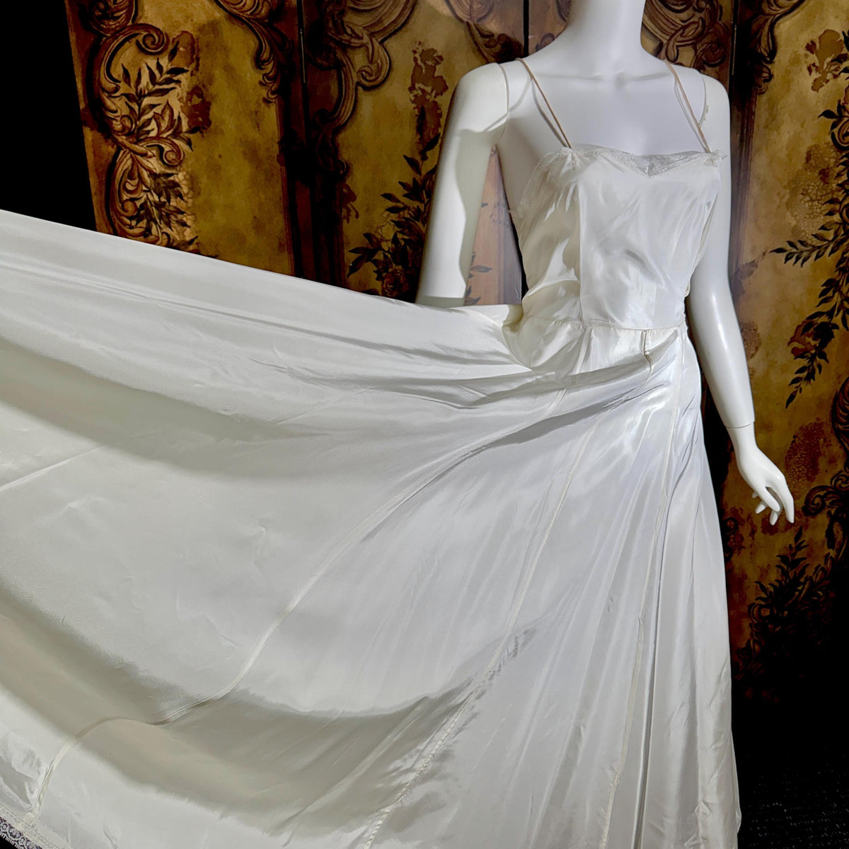 vintage 1940s wedding slip, shiny satin full sweep gown for under dress