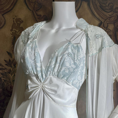 Vintage CLAIRE SANDRA nightgown peignoir set, 1950s Lucie Ann White Blue slip dress robe lingerie set