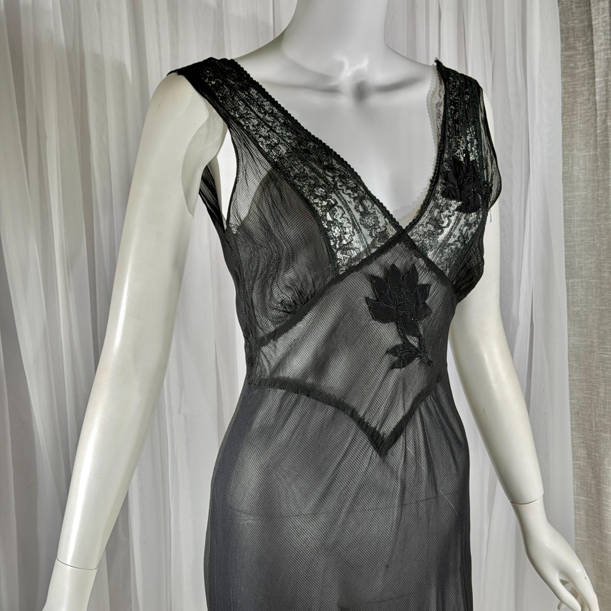 vintage 1930s Nightgown slip dress, sheer sultry black lingerie dress, bias cut with applique