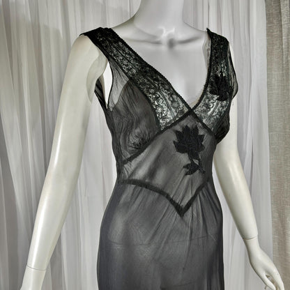 vintage 1930s Nightgown slip dress, sheer sultry black lingerie dress, bias cut with applique