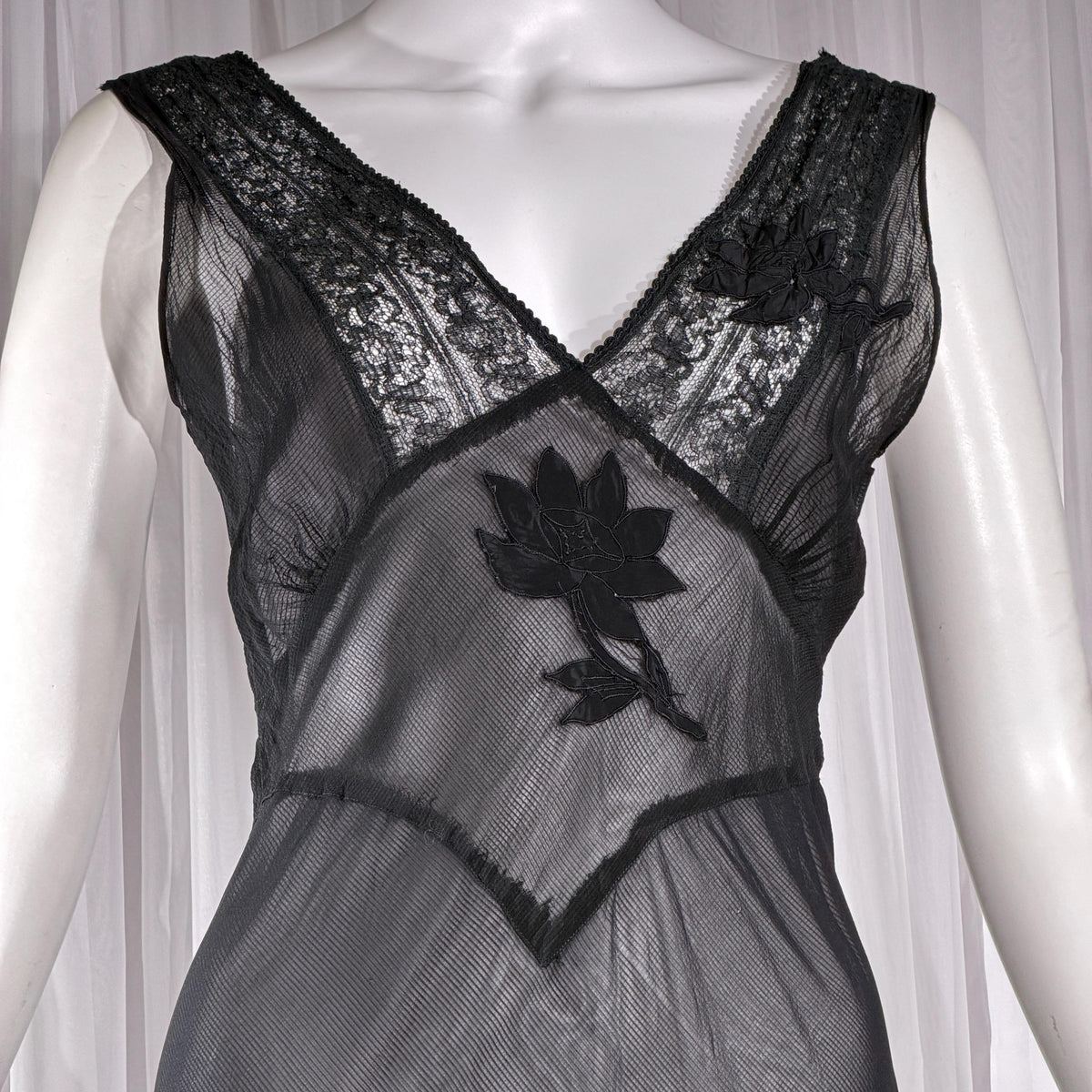 vintage 1930s Nightgown slip dress, sheer sultry black lingerie dress, bias cut with applique