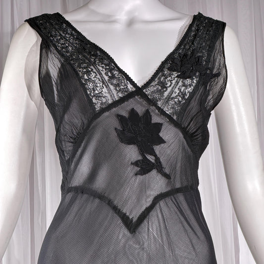 vintage 1930s Nightgown slip dress, sheer sultry black lingerie dress, bias cut with applique