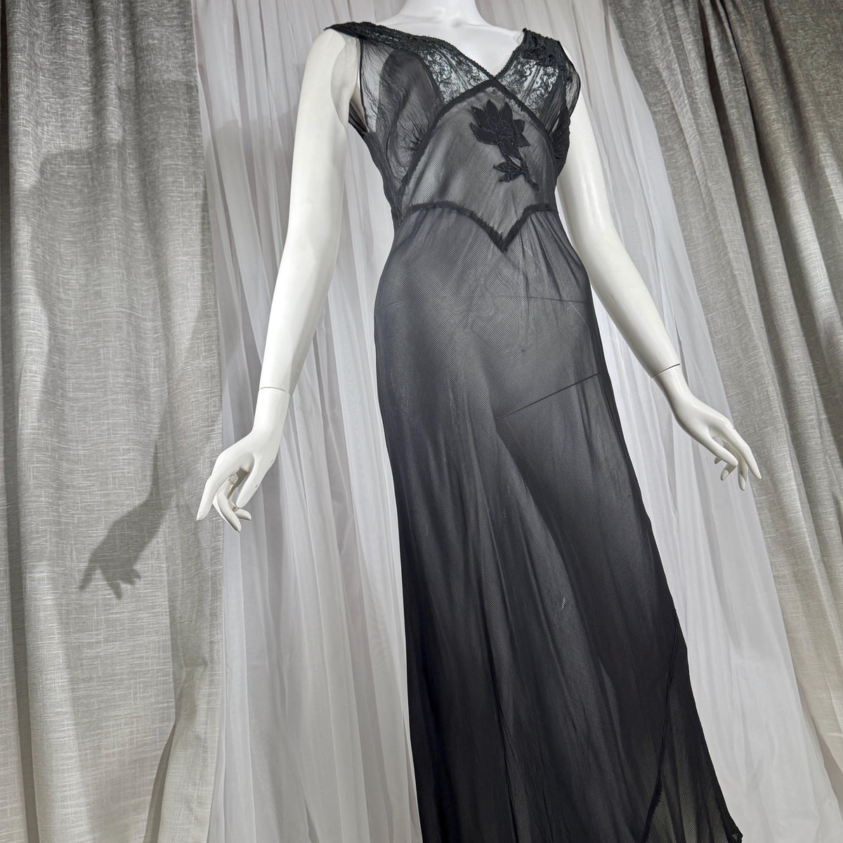 vintage 1930s Nightgown slip dress, sheer sultry black lingerie dress, bias cut with applique