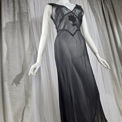 vintage 1930s Nightgown slip dress, sheer sultry black lingerie dress, bias cut with applique