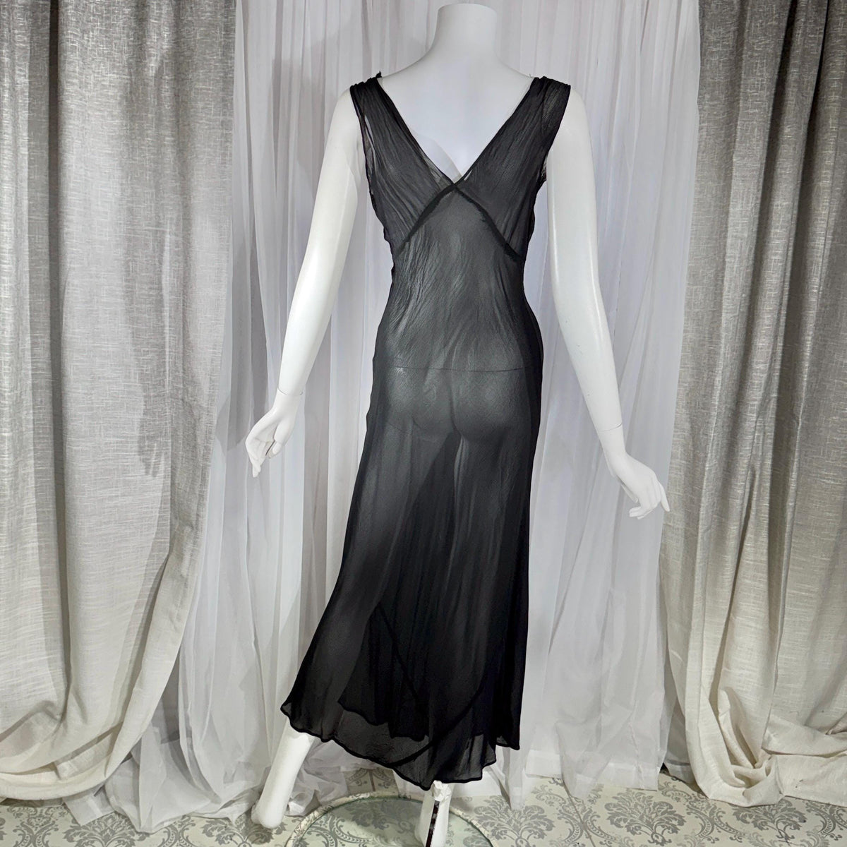 vintage 1930s Nightgown slip dress, sheer sultry black lingerie dress, bias cut with applique