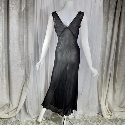 vintage 1930s Nightgown slip dress, sheer sultry black lingerie dress, bias cut with applique
