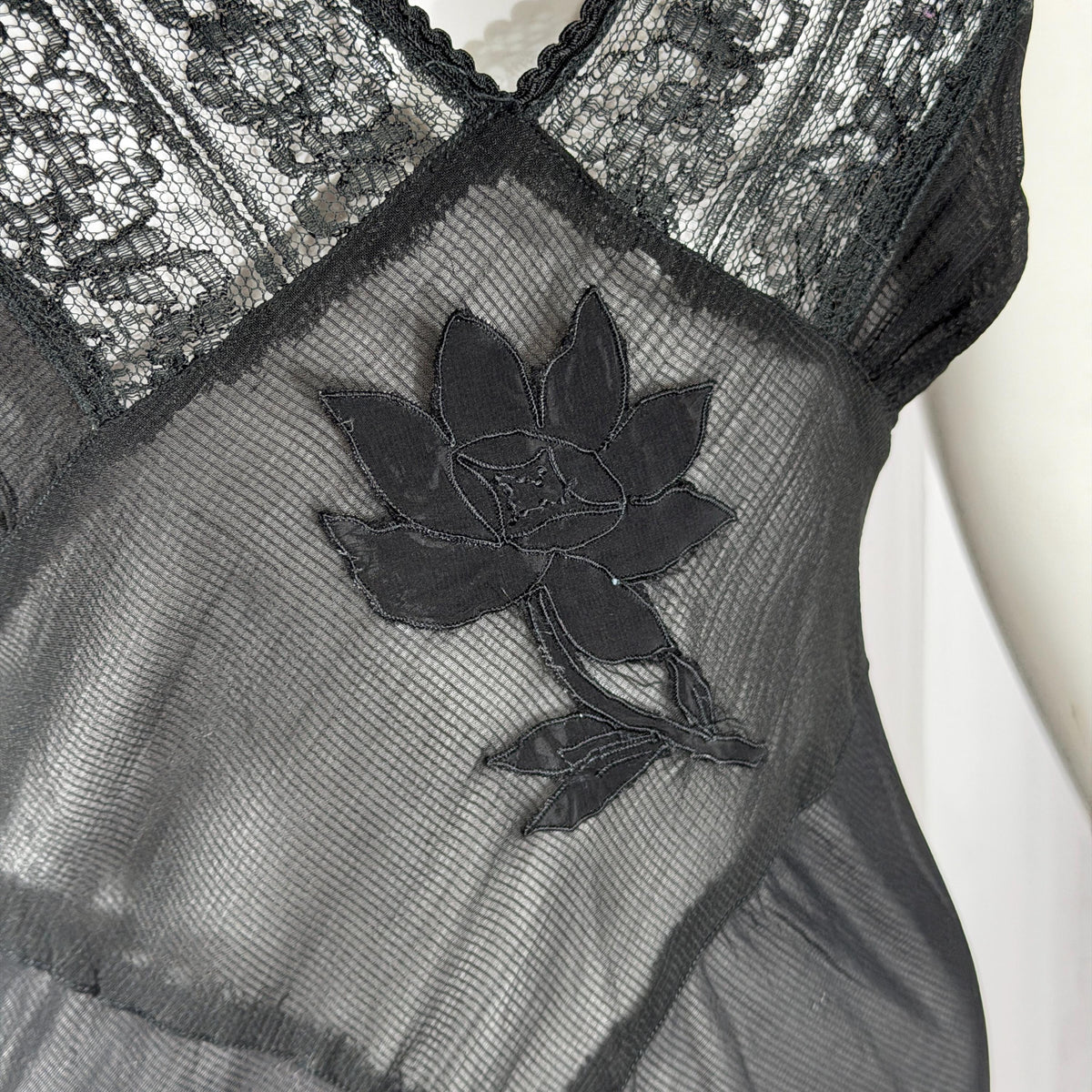 vintage 1930s Nightgown slip dress, sheer sultry black lingerie dress, bias cut with applique