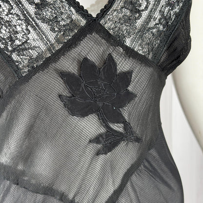 vintage 1930s Nightgown slip dress, sheer sultry black lingerie dress, bias cut with applique