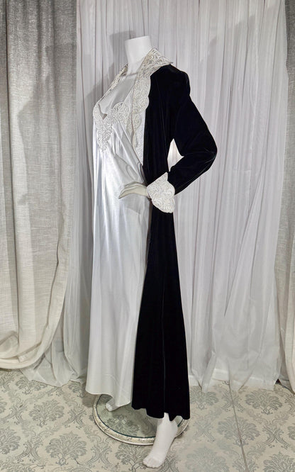 Vintage GEORGETTE TRABOLSI Peignoir Set, 1980s black velvet robe white nightgown lingerie dress set