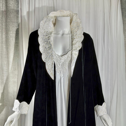 Vintage GEORGETTE TRABOLSI Peignoir Set, 1980s black velvet robe white nightgown lingerie dress set