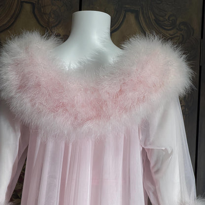 Vintage INTIME nightgown peignoir set, 1960s frothy pink marabou slip dress robe lingerie gown