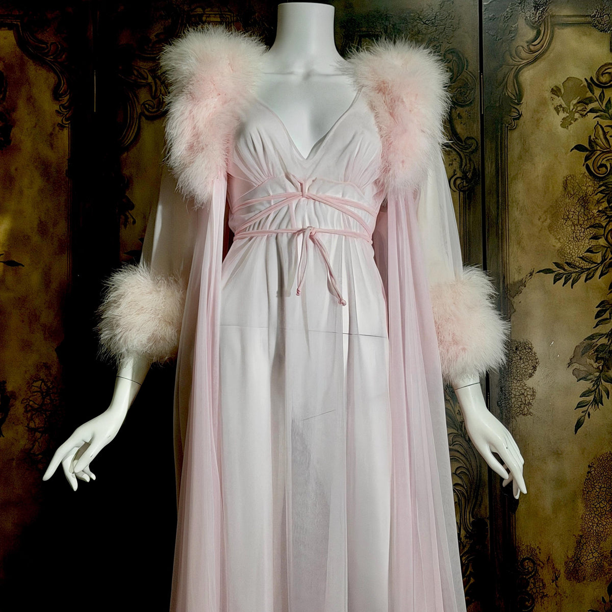 Vintage INTIME nightgown peignoir set, 1960s frothy pink marabou slip dress robe lingerie gown