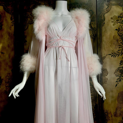 Vintage INTIME nightgown peignoir set, 1960s frothy pink marabou slip dress robe lingerie gown