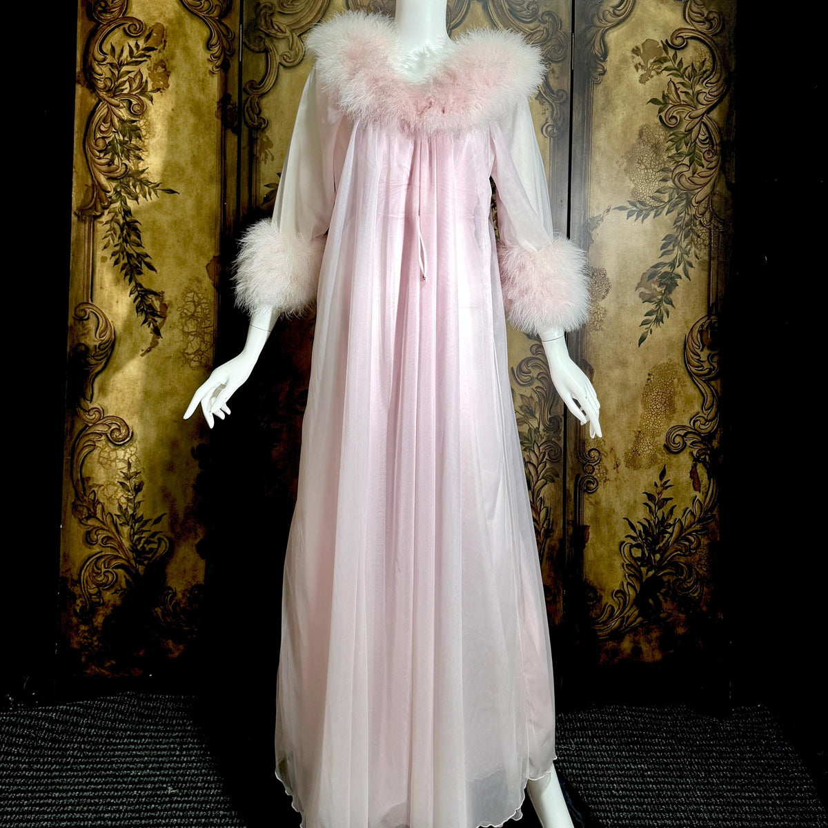 Vintage INTIME nightgown peignoir set, 1960s frothy pink marabou slip dress robe lingerie gown