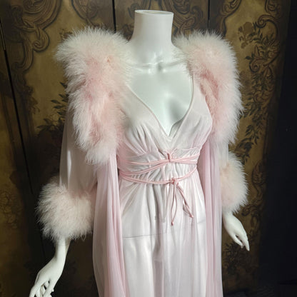 Vintage INTIME nightgown peignoir set, 1960s frothy pink marabou slip dress robe lingerie gown