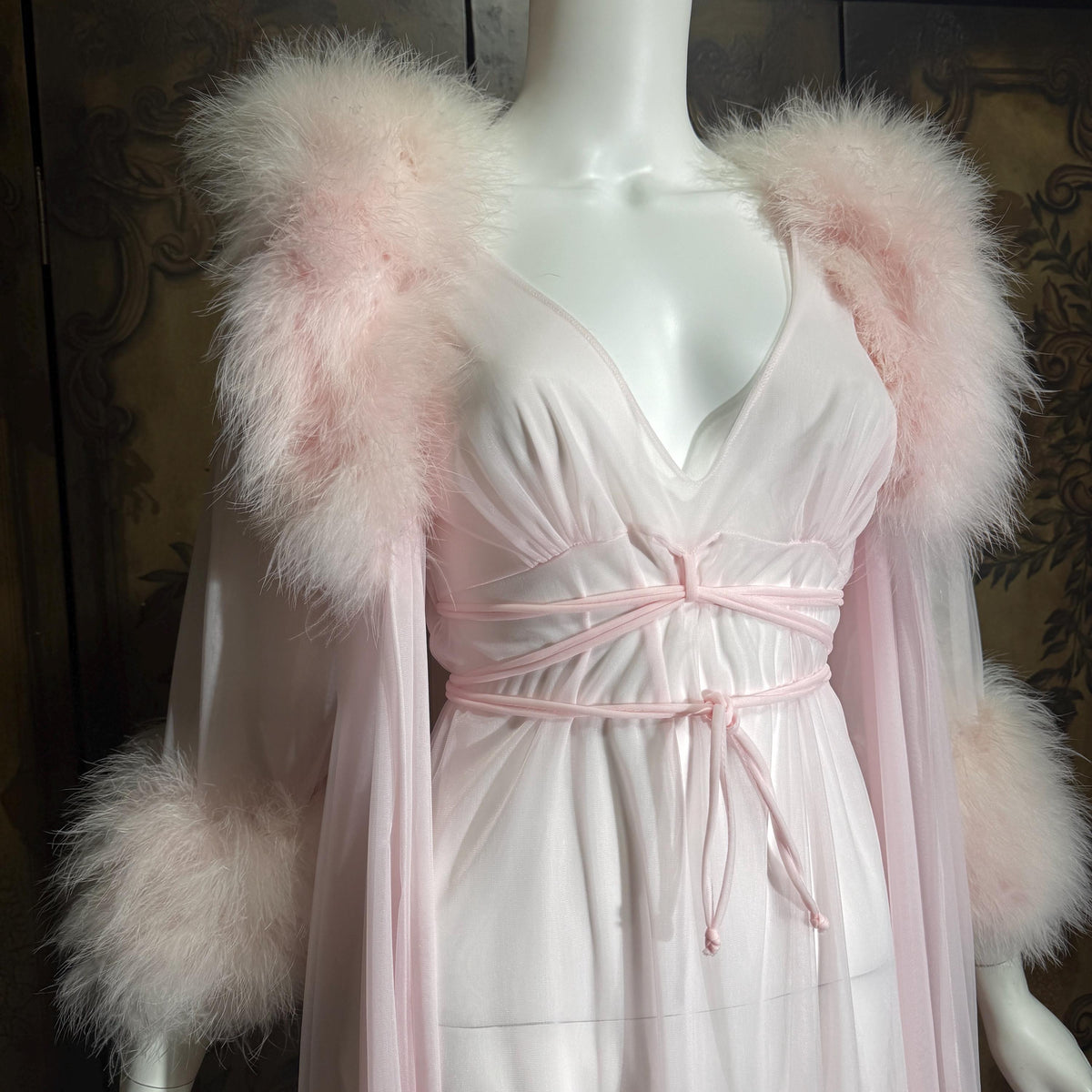 Vintage INTIME nightgown peignoir set, 1960s frothy pink marabou slip dress robe lingerie gown