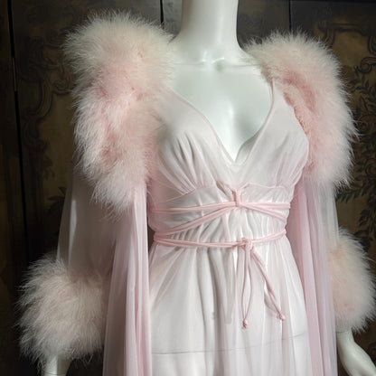 Vintage INTIME nightgown peignoir set, 1960s frothy pink marabou slip dress robe lingerie gown