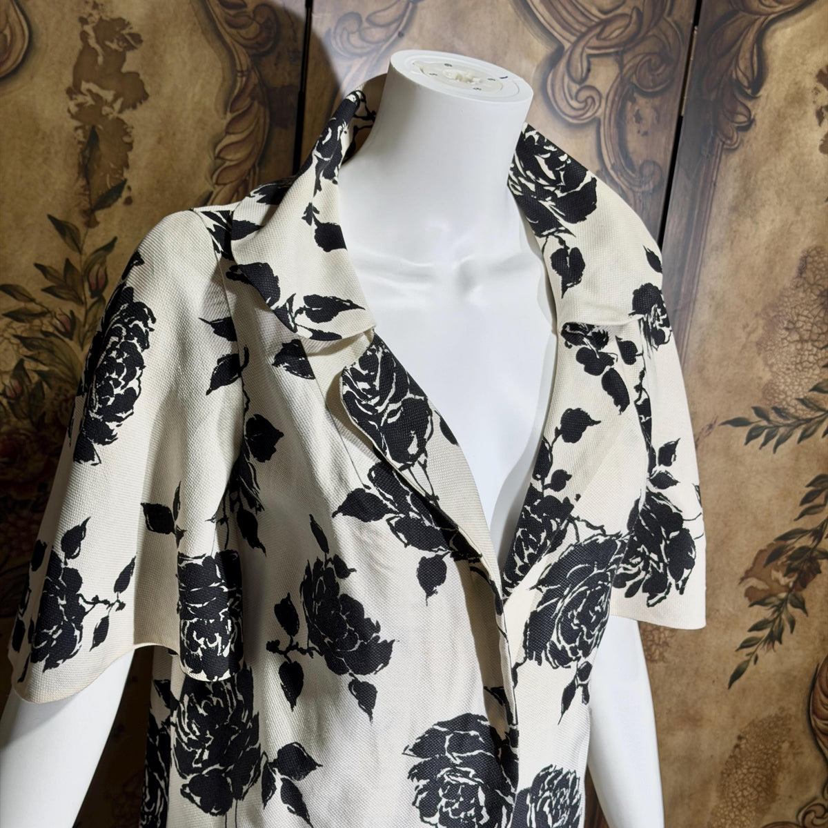 Vintage 1950s evening coat, ROBERT GOULD Floral Linen weight duster opera coat