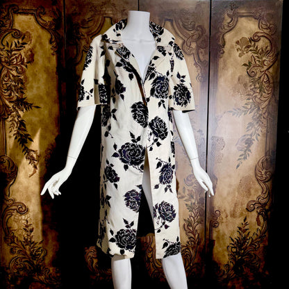 Vintage 1950s evening coat, ROBERT GOULD Floral Linen weight duster opera coat
