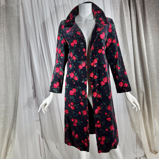 TOWN & COUNTRY vintage 1960s evening coat, black velvet rose print midi coat