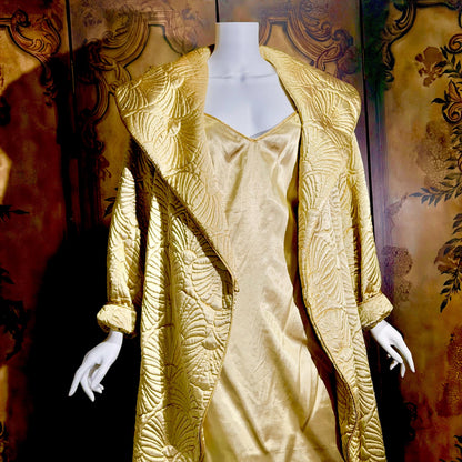 vintage JOAN RAINES 1980s evening dress set, Gold satin cocoon coat and slip dress ensemble