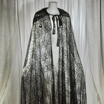 Victorian Antique Chantilly Lace Cape, 1900s Black Hooded Opera Cloak