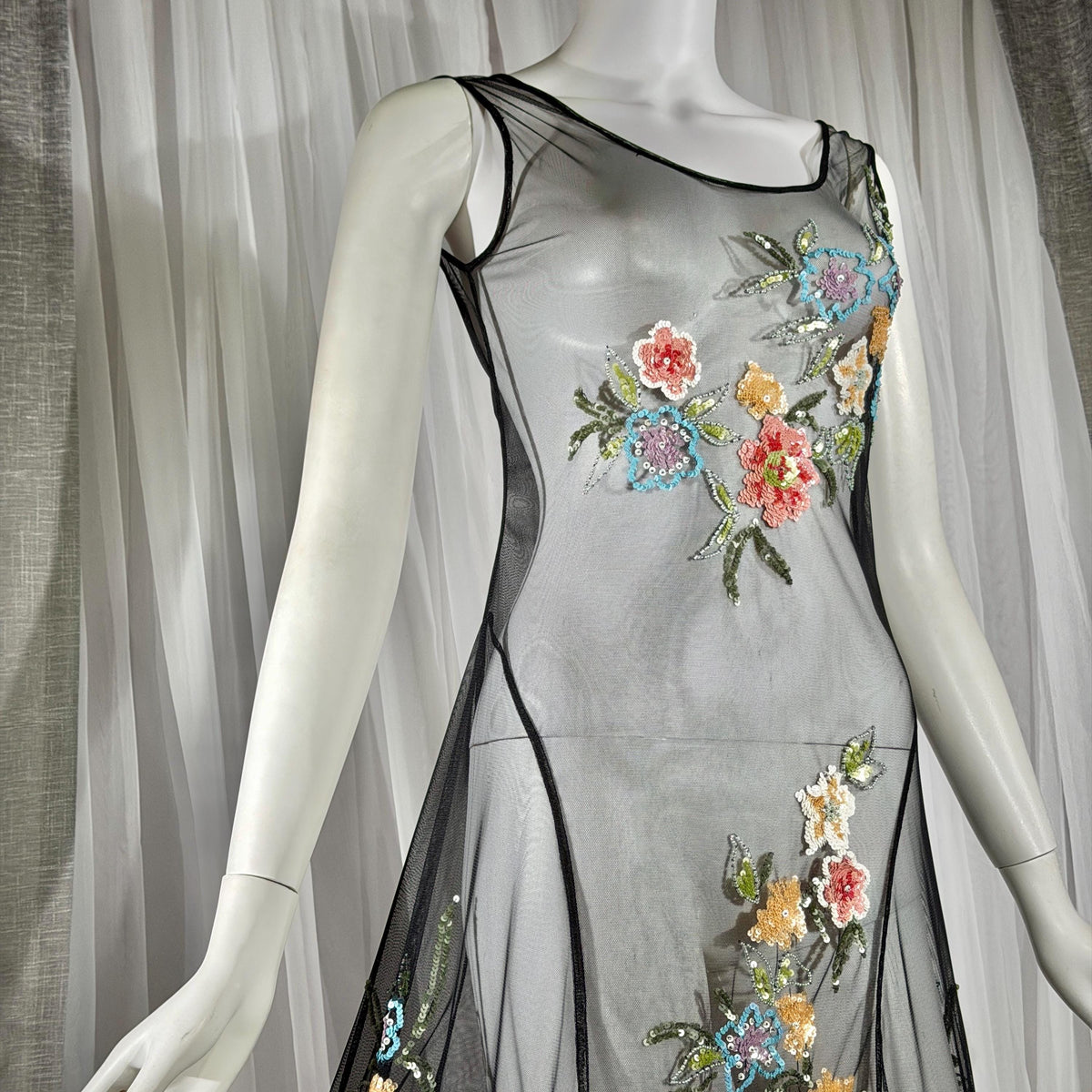 Vintage SUE WONG Slip Dress, 1990s Black Nylon Mesh beaded Handkerchief sheath cocktail dress