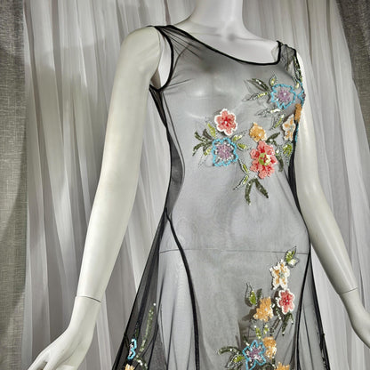 Vintage SUE WONG Slip Dress, 1990s Black Nylon Mesh beaded Handkerchief sheath cocktail dress