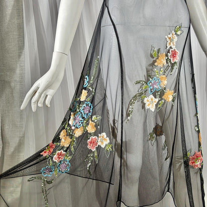 Vintage SUE WONG Slip Dress, 1990s Black Nylon Mesh beaded Handkerchief sheath cocktail dress