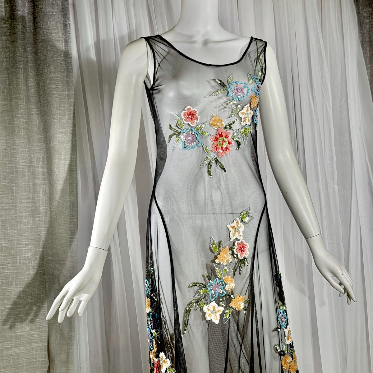 Vintage SUE WONG Slip Dress, 1990s Black Nylon Mesh beaded Handkerchief sheath cocktail dress