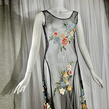 Vintage SUE WONG Slip Dress, 1990s Black Nylon Mesh beaded Handkerchief sheath cocktail dress