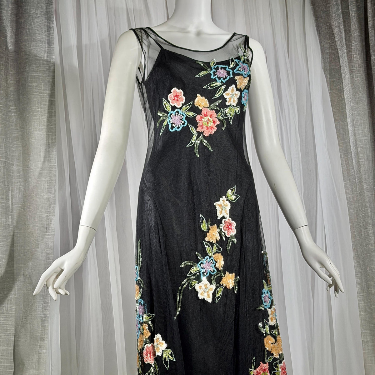 Vintage SUE WONG Slip Dress, 1990s Black Nylon Mesh beaded Handkerchief sheath cocktail dress