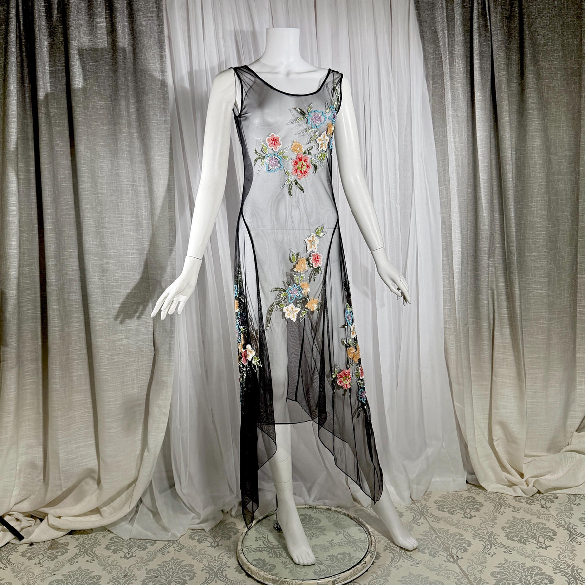 Vintage SUE WONG Slip Dress, 1990s Black Nylon Mesh beaded Handkerchief sheath cocktail dress