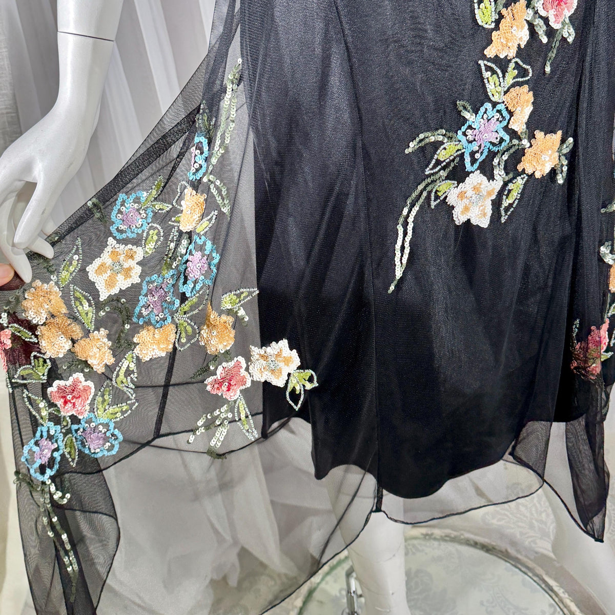Vintage SUE WONG Slip Dress, 1990s Black Nylon Mesh beaded Handkerchief sheath cocktail dress