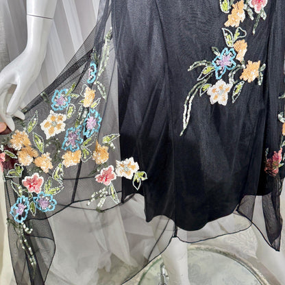 Vintage SUE WONG Slip Dress, 1990s Black Nylon Mesh beaded Handkerchief sheath cocktail dress