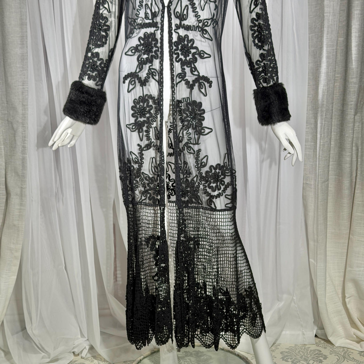 vintage SUE WONG evening coat duster, Y2K NOCTURNE Sheer Black Beaded Mesh & crochet maxi coat