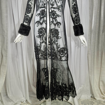 vintage SUE WONG evening coat duster, Y2K NOCTURNE Sheer Black Beaded Mesh & crochet maxi coat
