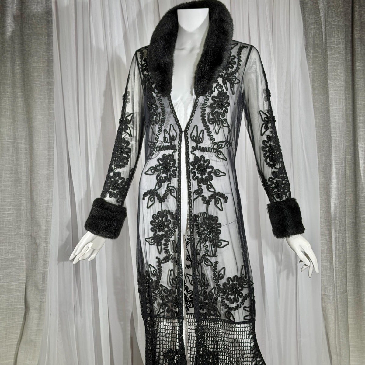 vintage SUE WONG evening coat duster, Y2K NOCTURNE Sheer Black Beaded Mesh & crochet maxi coat