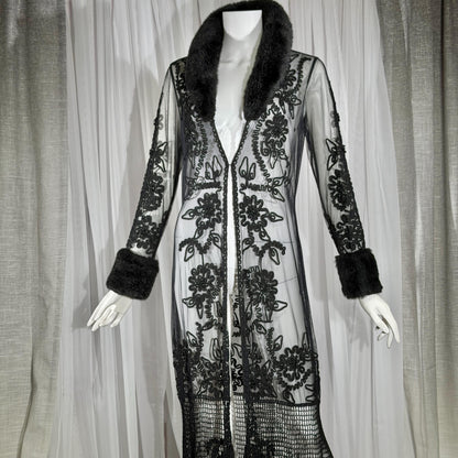 vintage SUE WONG evening coat duster, Y2K NOCTURNE Sheer Black Beaded Mesh & crochet maxi coat