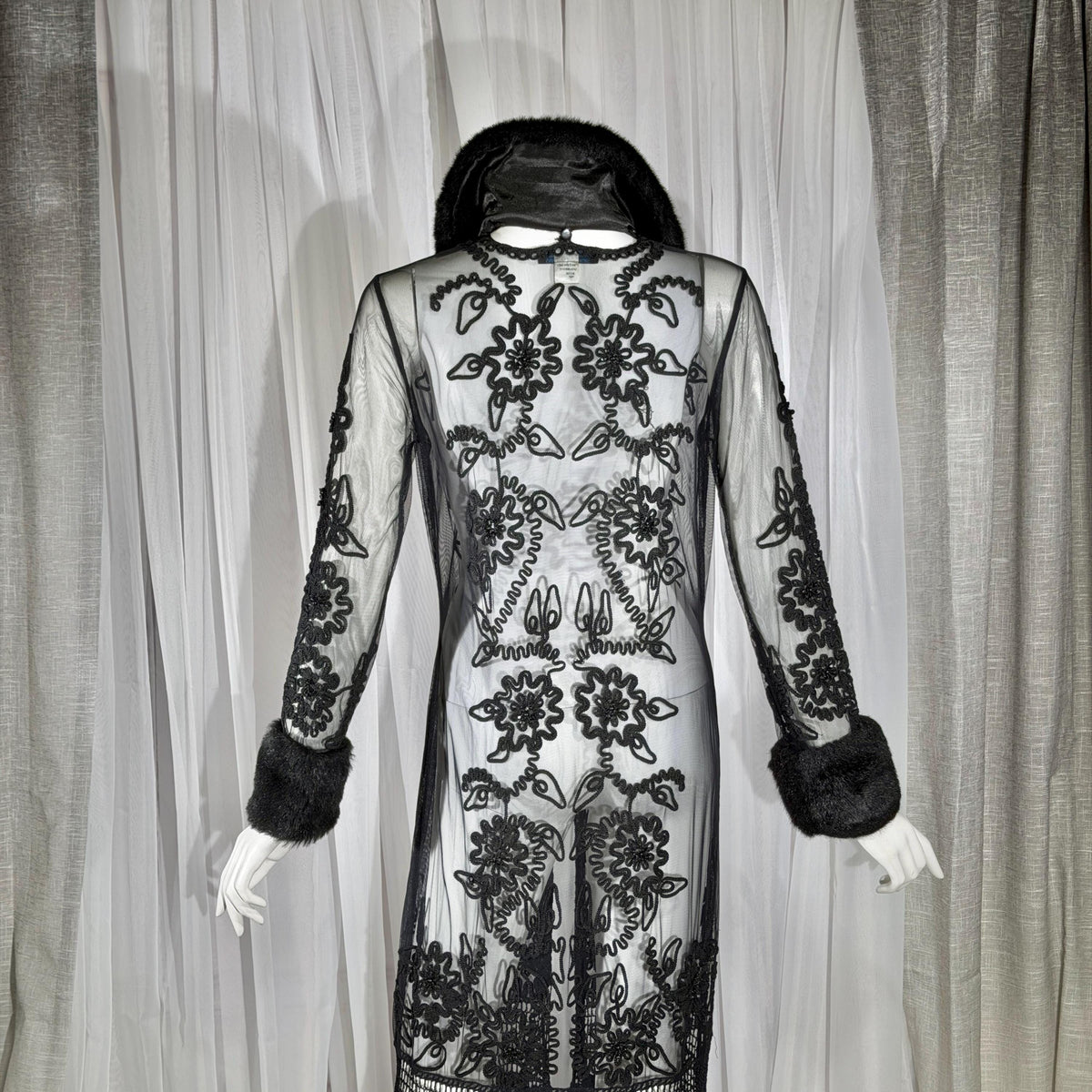 vintage SUE WONG evening coat duster, Y2K NOCTURNE Sheer Black Beaded Mesh & crochet maxi coat