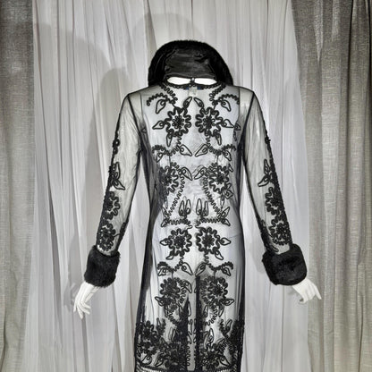 vintage SUE WONG evening coat duster, Y2K NOCTURNE Sheer Black Beaded Mesh & crochet maxi coat