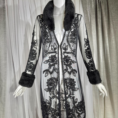 vintage SUE WONG evening coat duster, Y2K NOCTURNE Sheer Black Beaded Mesh & crochet maxi coat