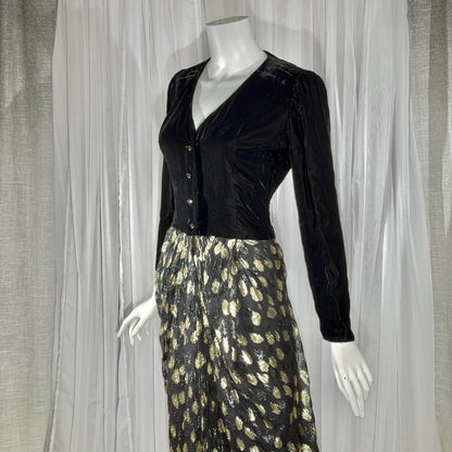 vintage GIVENCHY evening dress gown, 1970s Nouvelle Boutique Black Gold Velvet Silk Metallic